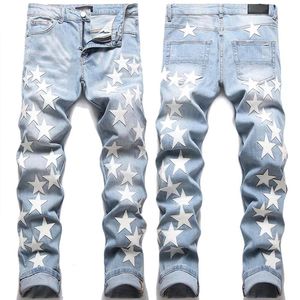 Męskie dżinsy dla mężczyzn Pu skórzane gwiazdy Aplikacje hip -hopowe Spodnie Pencil Spodnie Style moda Slim Fit High Street Denim Mężczyzna 230921