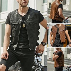 Mäns västar 2023 Vintage Brown Motorcykel Män blixtlåsfickor Läderjacka All-Match Sleeveless Riding Vest Motor Biker Jackets