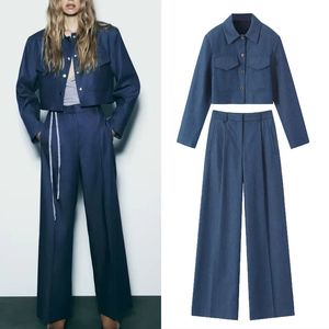 Men s Jeans TRAF Blue High Waist Wide Leg Pant Fashion Casual Oversized Trousers Female Vintage Shoulder Pad Cropped Jackets Sets 230922