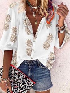 Kvinnors blusar skjortor Casual ananastryck Office Blus Autumn Lapel Ladies Shirts Fashion Button Access Control Female White Tops 3XL 230921
