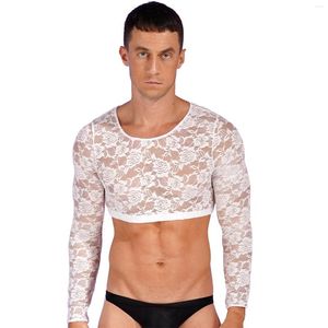 Canotte da uomo T-shirt da uomo trasparente con scollo rotondo e maniche lunghe, trasparente in pizzo floreale, costume da femminuccia, clubwear, festa a tema, canotta