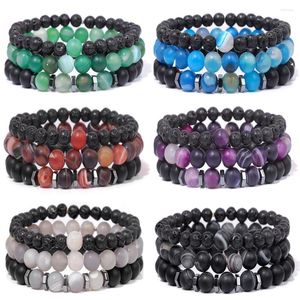 Strand 3 pz/set Agate A Strisce Naturali Bracciale Uomo Donna Onice Opaco Lava Perline Braccialetto Elastico Elastico Classico Gioielli Regali