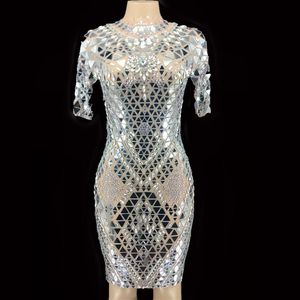 Sparkly Silver Mirrors Stones Mesh Dress Women's Birthday Celebrate Short Sleeves Outfit Prom Dance Sexy Dress YOUDU283y