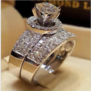 لطيف أنثى كريستال أبيض الزركون الحجر الخاتم مجموعة الفخامة 925 خاتم الخطوبة الفضي خمر زفاف الزفاف للنساء 247Z