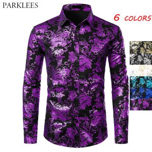 Roxo masculino floral bronzeamento camisa masculina flor brilhante camisa de luxo moda festa dos homens vestido camisas casual clube masculina243l