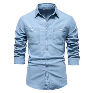 Camisas casuais masculinas de alta qualidade camisa jeans de dois bolsos stretch fit manga comprida para homens outono moda roupas bonitas