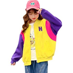 Tench Coats Spring Girls Patchwork Baseball Jacket Big Kids Casual Sports Ytterkläder kläder Gul svart färgrock ålder 5 7 9 11 13 14 år 230922