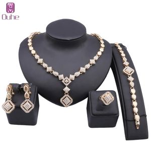 Dubai Gold Color Crystal Necklace Earings Bracelet Ring African Bride Jewelry Set For Women Wedding Party Gifts