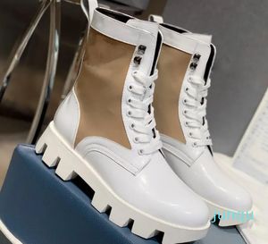 Rocksand Leather Nylon Combat Boots Tied Rivet Triangle Pattern Ankle Booties Flat Platform Lace Up Sneakers Size