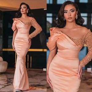 Luxurious One Shoulder Pearls Formal Party Dresses Sexy Satin Sheath Prom Gowns Beading Mermaid Evening Banquet Vestidos