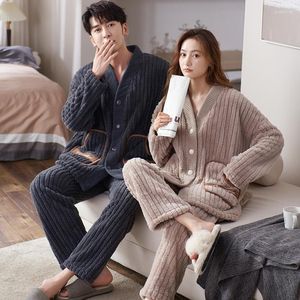 Homens sleepwear quimono inverno flanela pijamas conjunto para casais quente engrossar nightwear homens e mulheres combinando roupas de casa hombre pijama
