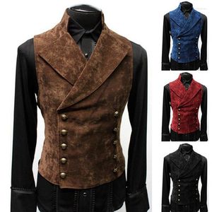 Men's Vests Vintage Red Suede Suit Vest Men 2023 Brand Double Breasted Waistcoat Casual Slim Sleeveless Steampunk Gilet Homme 3XL