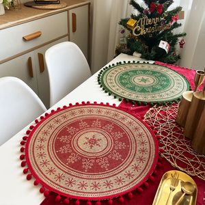 Mattor kuddar julkök placemat snöflinga älg vävt bordsmatta tryckt pom potten isolering retro servett bomullslinne dekorativ 230923