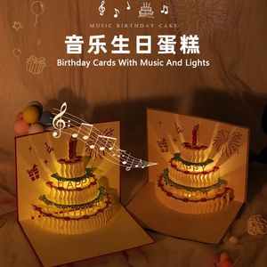 Greeting Cards 3D Pop Up Birthday Greeting Cards Auto Play Music Warm LED Light Birthday Cake Card Gifts For Mom Wife Sister Boy Girl Friends 230923