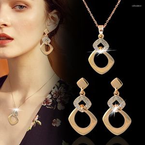 Necklace Earrings Set LEEKER Korean Luxury Rhinestone Wedding Gold Silver Color Hollow Geometric Earring For Women LK3