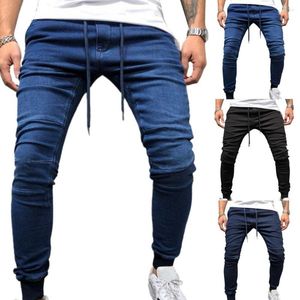 Mäns jeans mode denim byxor ankel bandade andas mitt midja stretchig blyertspenna smal