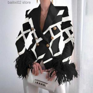 Kadın Ceketleri Zarif Dönüş Yaka Lady Suit Üstler Günlük Tüy Patchwork Uzun Kollu Ceket Kadınlar Moda Çift Göğüslü Ceket Dış Giyim T230923