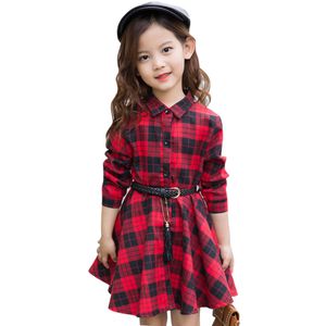 Flickans klänningar Girl Dress Fashion Plaid Shirt Dress for Girls Single-Breasted Kids Party Dress with Sashes Autumn England Clothes for Girls 230923