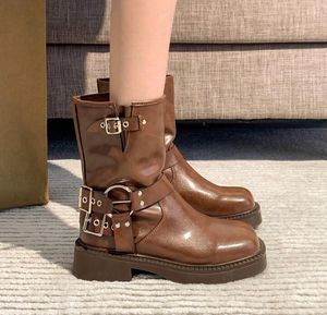 Woman Luxury Designers Martin Boots Genuine Leather Belt buckle square toe Chunky Heel 5 cm Platform shoes Half Boot England style women platform boots