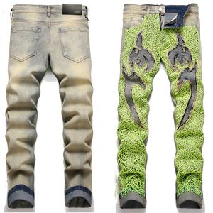 Nuovissimo Mens Robin Jeans Patchwork Verde Panno di maglia Pantaloni di jeans invecchiati Vestibilità skinny Slim stretch Uomo Moto Jean strappato Lavato Foro al ginocchio taglia 29-38 Punk Retro Biker