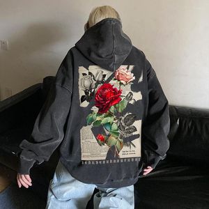 Men's Hoodies 2023 Heavyweight Wash Vintage Coats Rose Printing Hooded Fashion Trend Pullover Casual Large Sweatshirts M-5XL