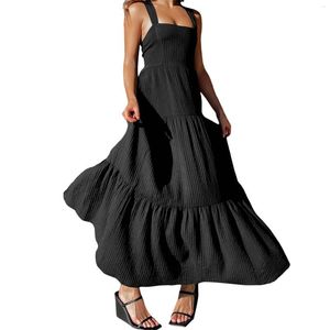 Vestidos casuais puloru prairie chique preto flowy hem longo vestido feminino verão suspender pescoço quadrado babados a-line tanque praia férias