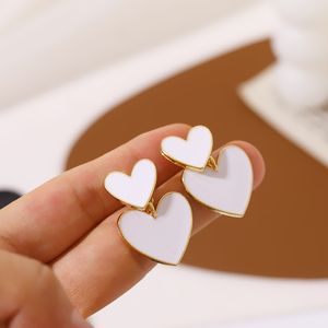 S3807 Fashion Jewelry S925 Silver Post Dangle Earrings For Women White Enamel Double Heart Stud Earrings