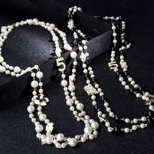 Women Long Chains Layered Pearl Beaded Necklace Collares de moda Number 5 Flower Party Jewelry2248