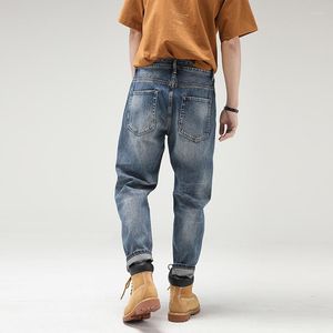 Jeans da uomo blu lavato pesante da uomo design patch di alta qualità buco strappato casual dritto stile safari pantaloni in denim alla caviglia