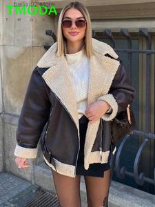 Women's Jackets T MODA 2023 Autumn Winter Women Faux Fur Brown Jacket Ladies Zipper Leather Coat Retro Loose Female Chic Thick Outwear Mujer T230923