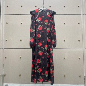 ヨーロッパのファッションブランド長袖の花の印刷されたロングドレス