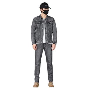 Klassiska enkla mäns jeans kostym Slim Fit Gray Long Sleeve Jacket och byxor Två stycke Casual Par Male Denim Suits Storlek M-5XL