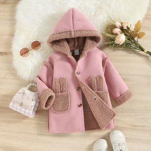 ジャケットガールズコート秋と冬のホームトラベル230923の暖かさのために長袖の豪華なフード付きウサギの耳のポケット