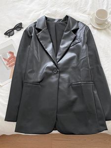 Women's Leather Gmiixder Personalized Versatile Black Jacket Unisex Retro Casual Simple Blazer Coat Oversize Lapel Suit