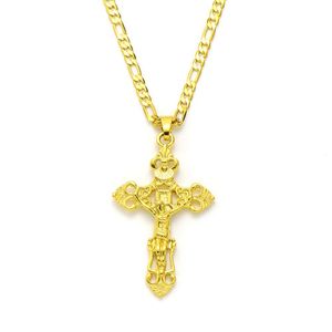 Ожерелья с подвесками из желтого твердого золота 14 карат Gf, итальянское распятие Иисуса с широким крестом, ожерелье-цепочка Фигаро, 24 женские мужские M Drop Delive Dhiri