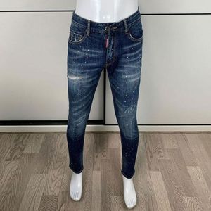 Męskie dżinsy mody streetwear men retro niebieski stretch slim fit malowany hafty haftowy projektant hip -hop marki marki hombre