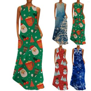 Freizeitkleider Damen Ärmelloses V-Ausschnitt Festival Weihnachtsdruck Postpartales Kleid für Frauen A-Linie Sommerkleider Damen