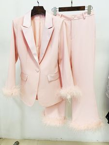 W031 Women's Two Piece Pants occasions Dating Windsor queen Designer Stylish Feather Feather Single Button Suit Jacket Ankle-Length Pants Two Pieces Sets