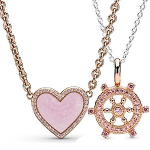 Chains 925 Sterling Silver Rose Pink Swirl Heart Collier Ships Helm With Crystal Necklace Fit Fashion Bead Charm Diy Jewelry