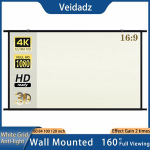 Projektionswände VEIDADZ Projektor-Leinwand zur Wandmontage, 16 9 weißes Gitter, Anti-Licht-Projektionswand 60 84 100 120 Zoll für Innen- und Außenfilme 230923