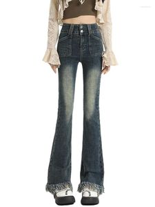 Women's Jeans Vintage Tassel Flare High Waist Slim Denim Pocket Button Casual Trouser Women Straight Pant
