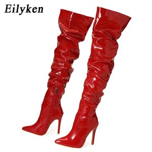 Frauen 385 Eilyken Rot über den Kniestiefeln High Heels Patentleder fester spitzer Zehen