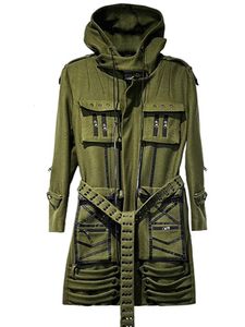 Men's Wool Blends Mens Medium Length Hooded Woolen Coat Multiple Pockets Contrast Striped Zipper Belt Windbreaker Jacket Overoat Male 230922