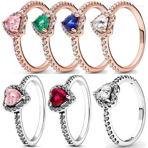 Cluster Rings Authentic 925 Sterling Silver Elevated Red Green Blue Pink Heart Ring With Crystal for Women Birthday Present Fashion Jewelry