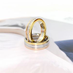 Lüks tasarımcı mücevherler çemberler üç renk kakma tam elmas yüzük titanyum çelik 18k altın kız çift hediye kadın erkekler f256g