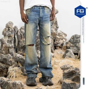 Jeans masculinos fgss 2023 outono / inverno novo solo de resíduos na moda marca larga perna danificada solta lavada tubo reto e jeans feminino5t6n