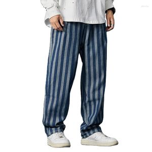 Mäns jeans vår randiga ins trend lösa raka byxor nostalgic brev ungdom blå casual mode all-match wide ben byxor