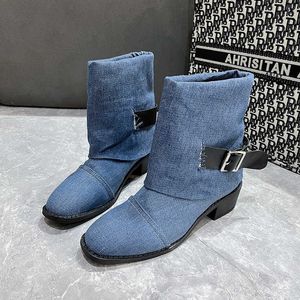 Outono e inverno exterior colorblocking cinto fivela meia-calça botas luz luxo estilo simples sapatos femininos 1007