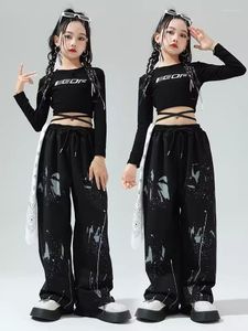 ステージウェアキッズヒップホップダンス服ガールズジャズ練習パフォーマンス衣料ブラッククロップトップパンツ長袖衣装BL11620