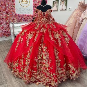 Lüks kırmızı sevgilim prenses quinceanera kapalı omuz ışıltılı aplikler dantel kristal tull vestidos de 15 anos balo parti elbise